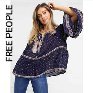Women's Free People Navy Starless sky Talia Embroidered Blouse M Peasant Boho